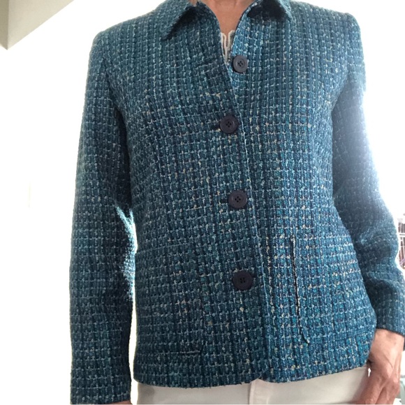 Vintage Jackets & Blazers - Vintage Women's Turquoise Blue Tweed Eclectic Grandpa Jacket size 8